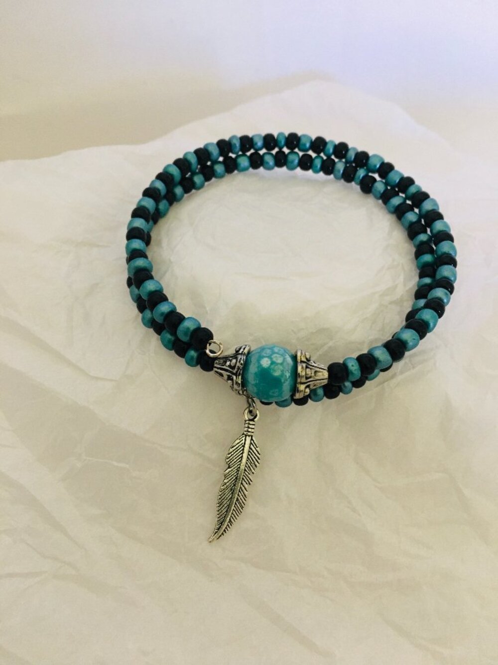 Double Wrap Turquoise & Black Beaded Bracelet w/ Silver Feather Charm